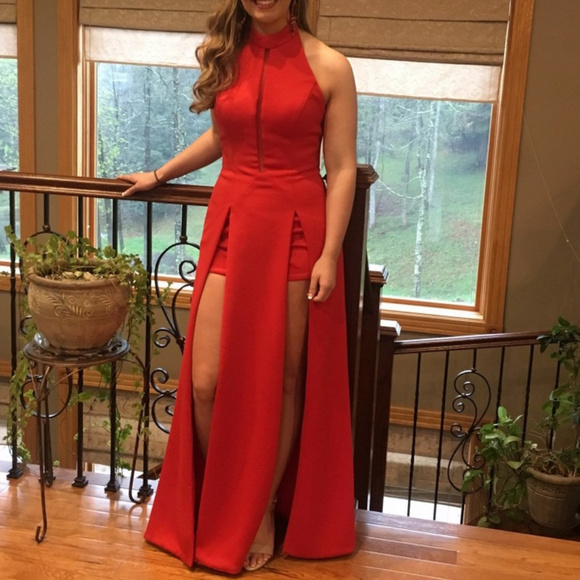 Rachel Allan Dresses & Skirts - Red double slit high leg two peice Prom dress